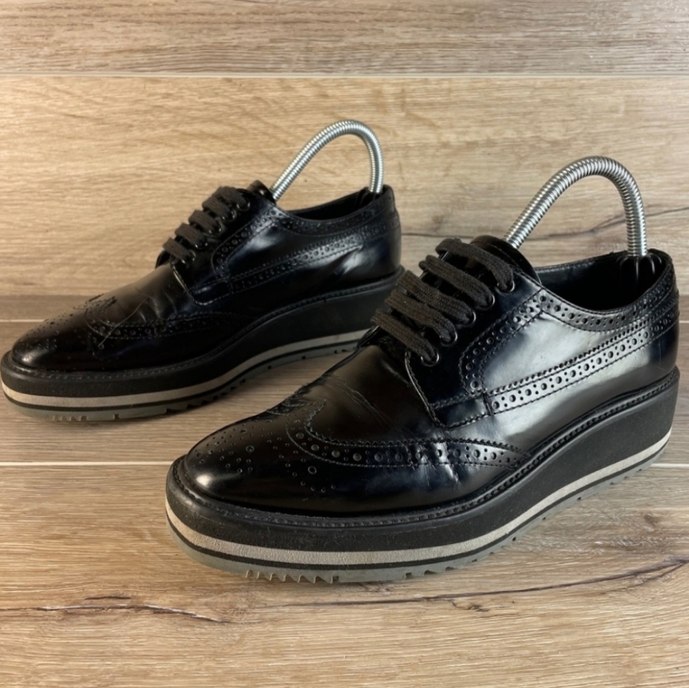 Prada Wingtip Brogue Oxford Platform Black  Patent Leather Shoes Size 38 - Picture 12 of 12
